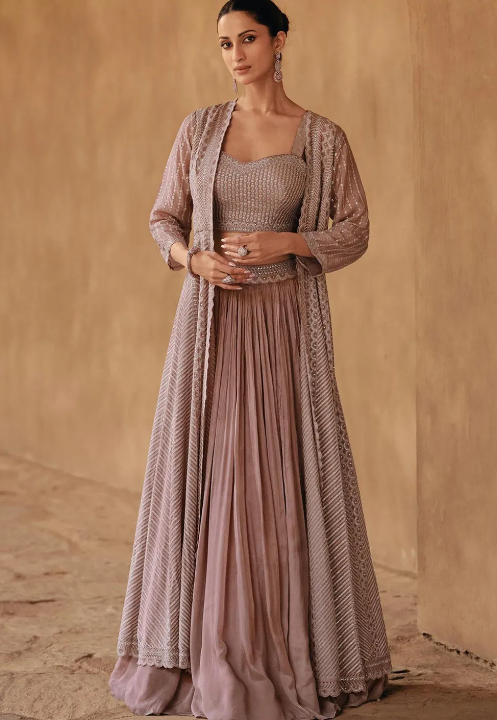 Embroidered Chinon Chiffon Lehenga in Dusty Purple