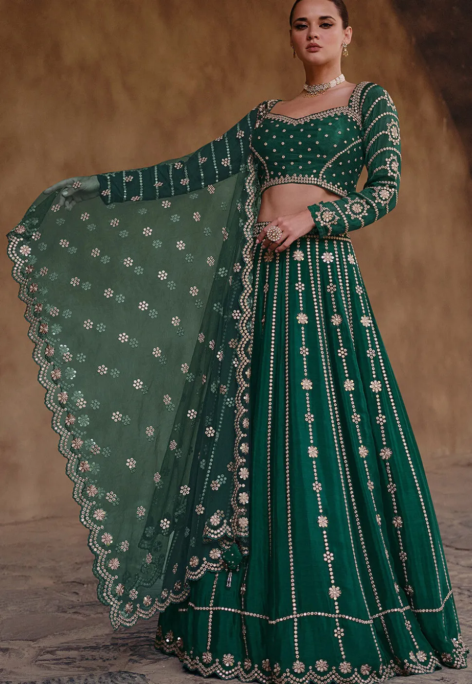 Embroidered Chinon Chiffon Lehenga in Dark Green