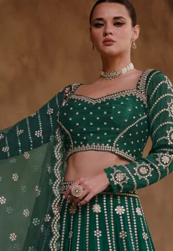 Embroidered Chinon Chiffon Lehenga in Dark Green
