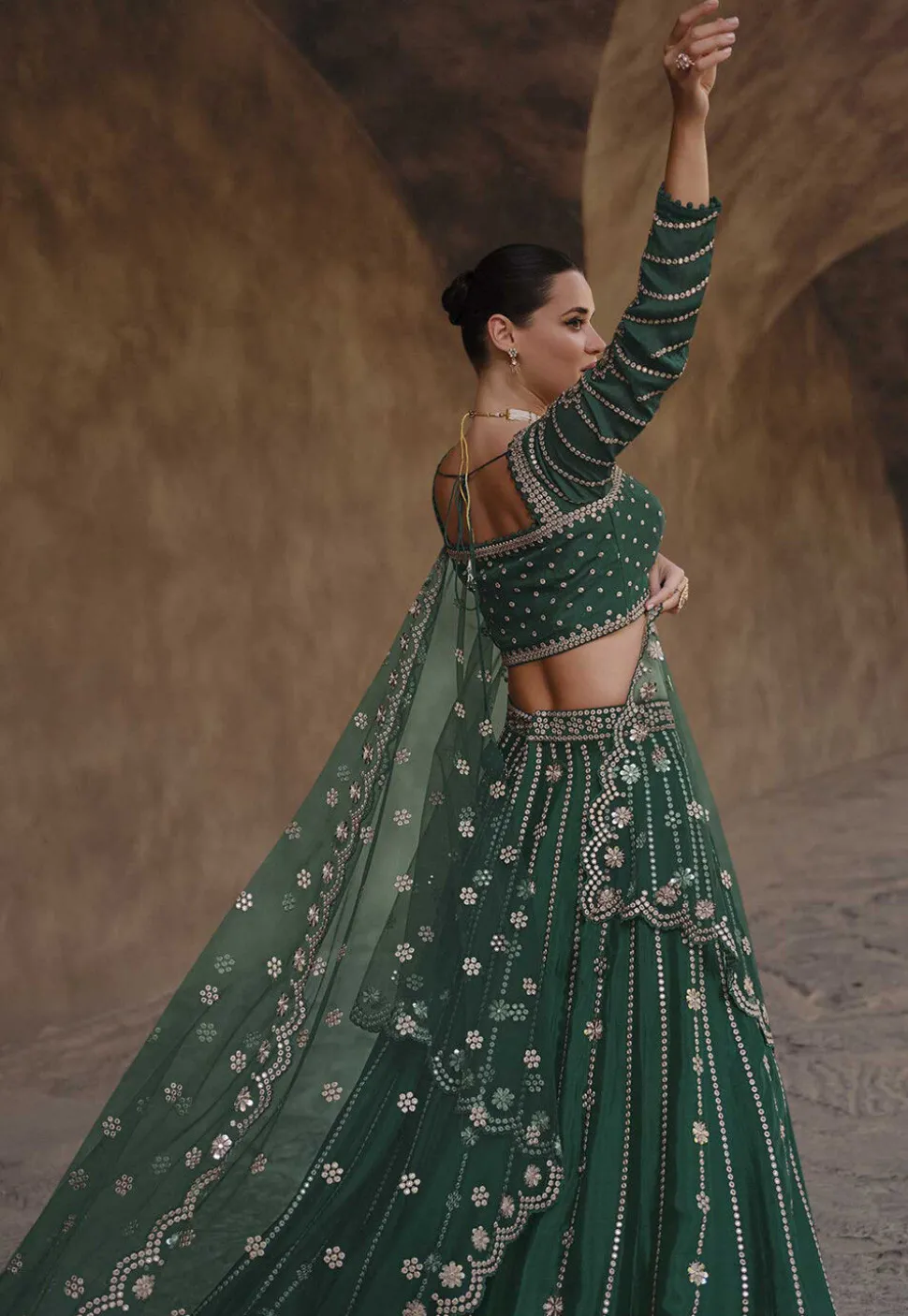 Embroidered Chinon Chiffon Lehenga in Dark Green
