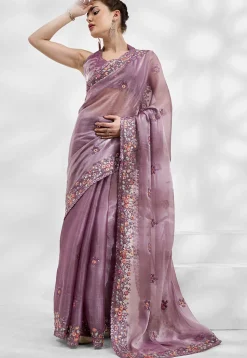 Embroidered Chinon Chiffon Scalloped Saree in Purple