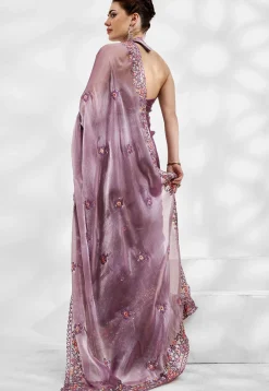 Embroidered Chinon Chiffon Scalloped Saree in Purple