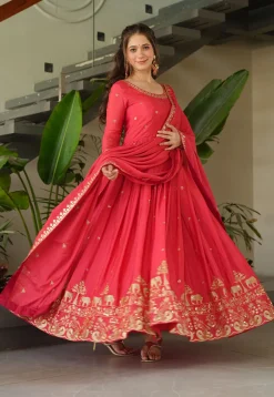 Embroidered Chinon Chiffon Abaya Style Suit in Coral Pink