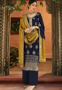 Embroidered Chinon Chiffon Pakistani Suit in Dark Blue