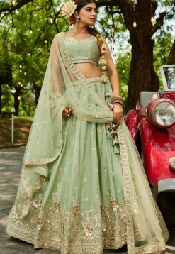 Embroidered Chinon Chiffon Lehenga in Light Green