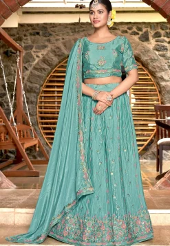 Embroidered Chinon Chiffon Lehenga in Turquoise