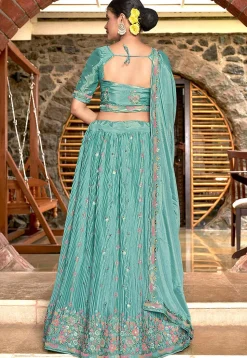Embroidered Chinon Chiffon Lehenga in Turquoise