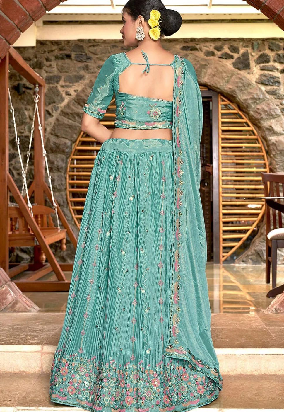 Embroidered Chinon Chiffon Lehenga in Turquoise