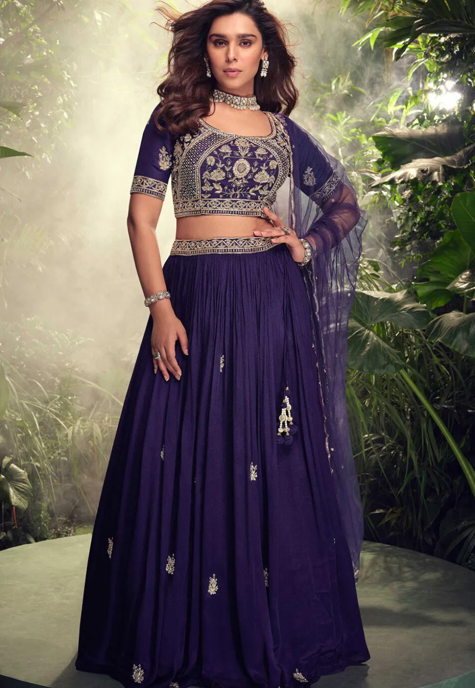 Embroidered Chinon Chiffon Lehenga in Purple
