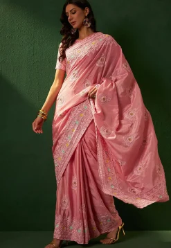 Embroidered Chinon Chiffon Saree in Pink