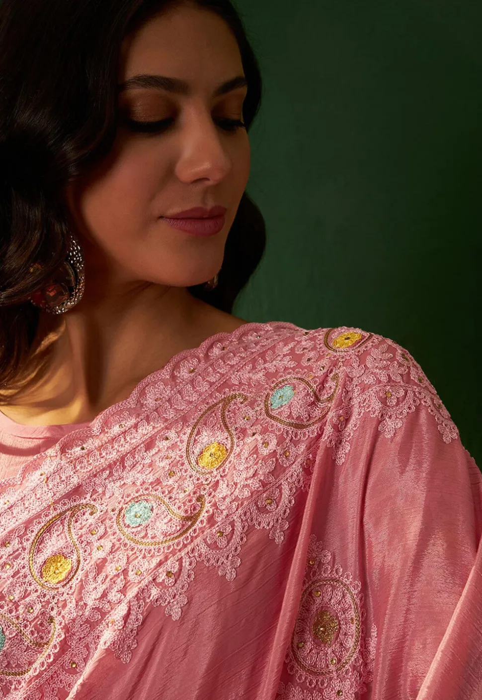 Embroidered Chinon Chiffon Saree in Pink