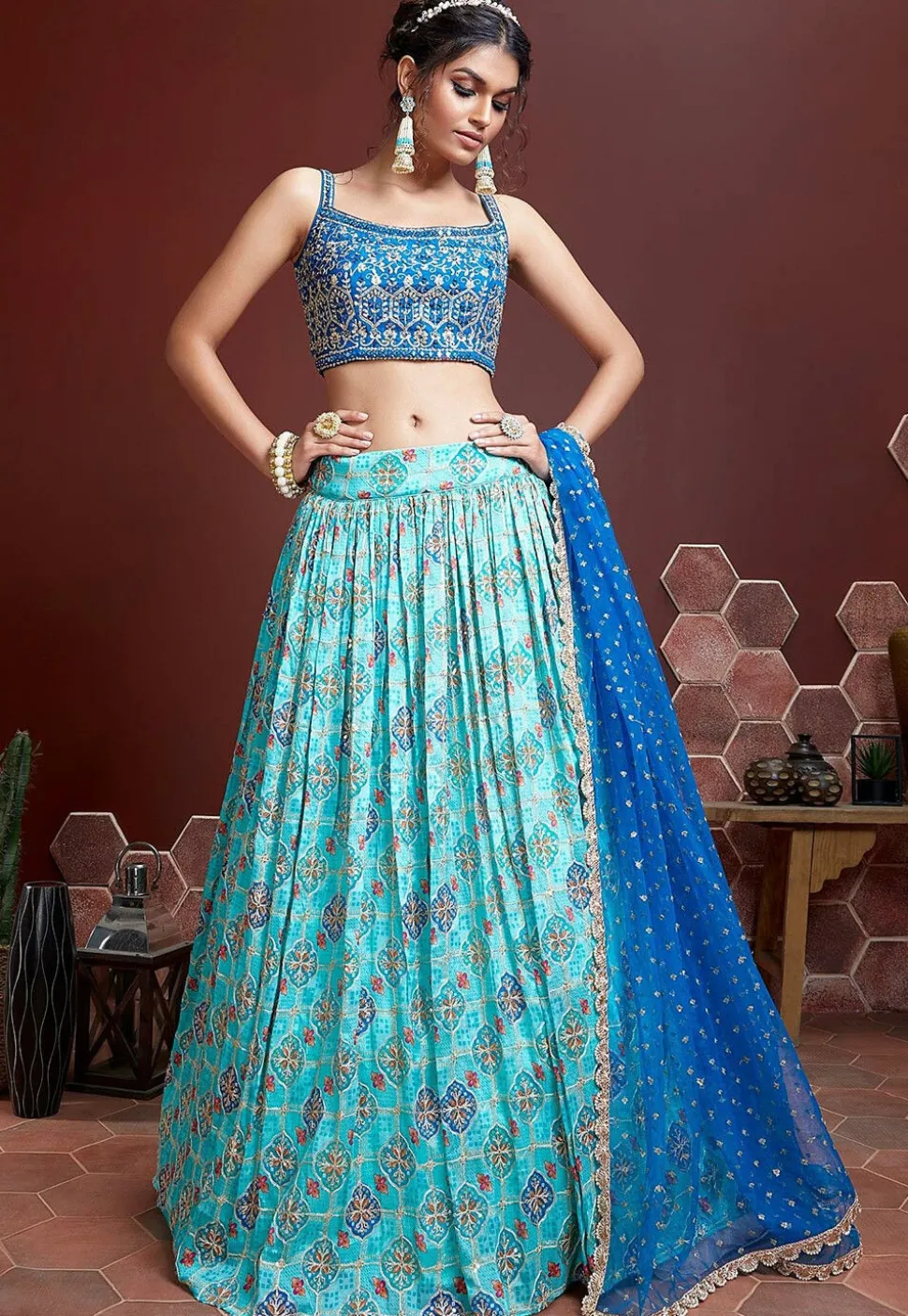 Embroidered Chinon Chiffon Lehenga in Sky Blue