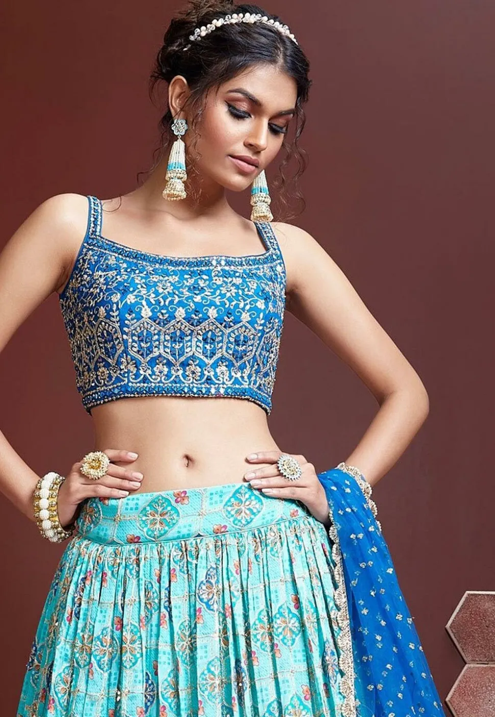 Embroidered Chinon Chiffon Lehenga in Sky Blue