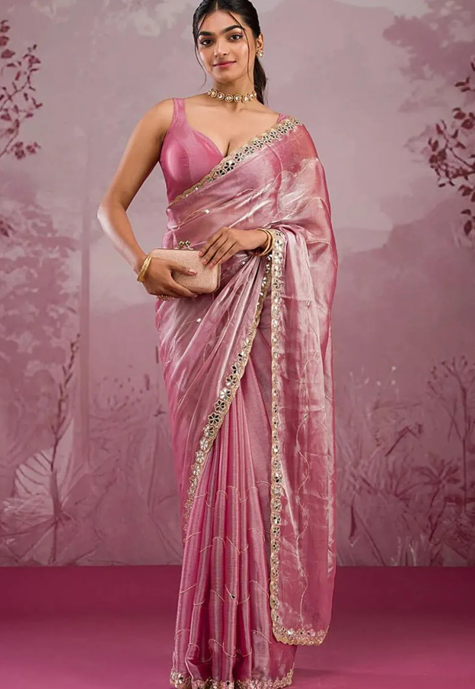 Embroidered Chinon Chiffon Scalloped Saree in Pink
