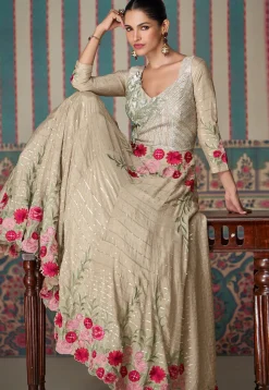 Embroidered Chinon Chiffon Gown in Beige