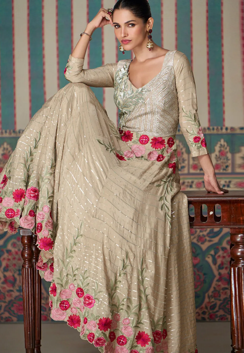 Embroidered Chinon Chiffon Gown in Beige