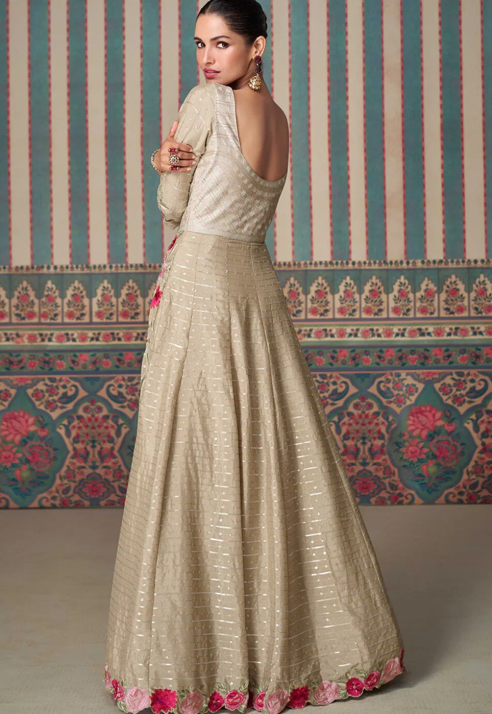 Embroidered Chinon Chiffon Gown in Beige