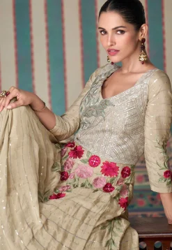 Embroidered Chinon Chiffon Gown in Beige
