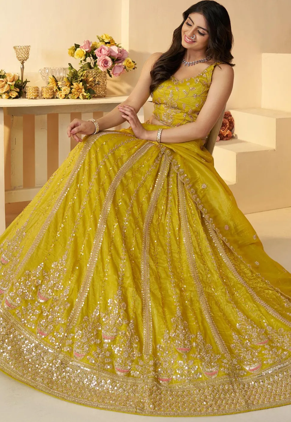 Embroidered Chinon Chiffon Lehenga in Yellow