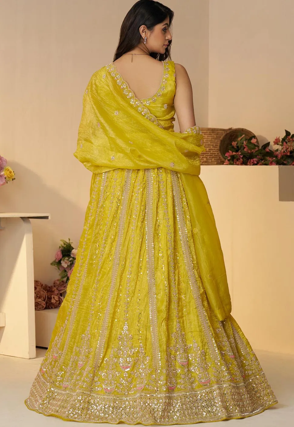 Embroidered Chinon Chiffon Lehenga in Yellow