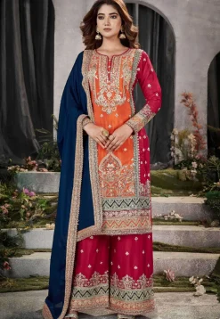 Embroidered Chinon Chiffon Pakistani Suit in Orange and Pink