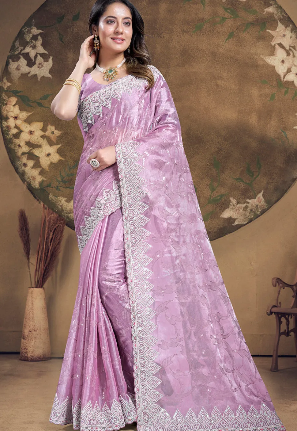 Embroidered Chinon Chiffon Scalloped Saree in Light Purple