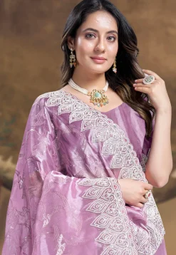 Embroidered Chinon Chiffon Scalloped Saree in Light Purple