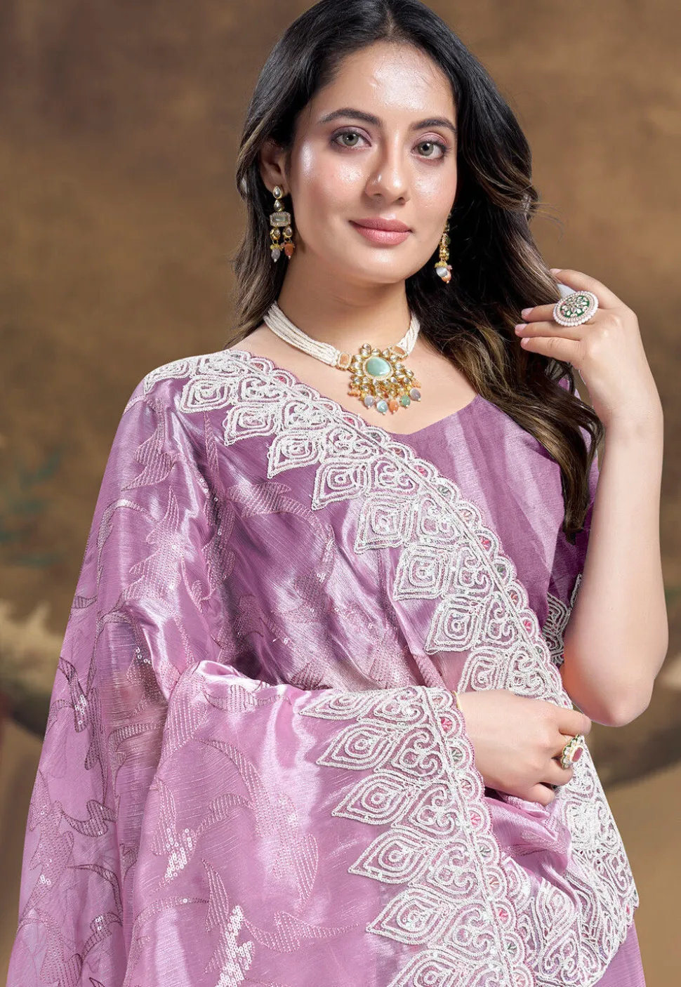 Embroidered Chinon Chiffon Scalloped Saree in Light Purple