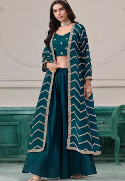 Embroidered Chinon Chiffon Crop Top Set in Teal Blue