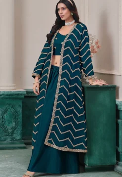 Embroidered Chinon Chiffon Crop Top Set in Teal Blue