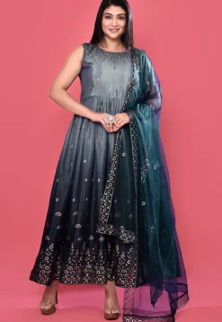 Embroidered Chinon Chiffon A Line Suit in Shaded Grey and Blue