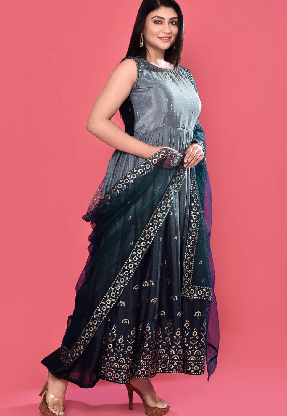Embroidered Chinon Chiffon A Line Suit in Shaded Grey and Blue