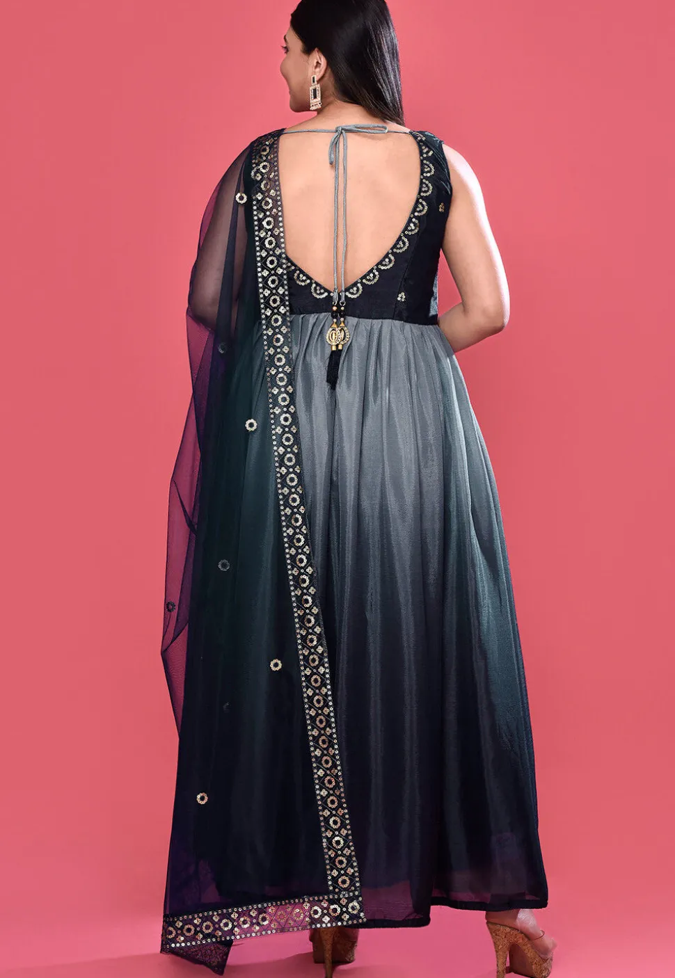 Embroidered Chinon Chiffon A Line Suit in Shaded Grey and Blue