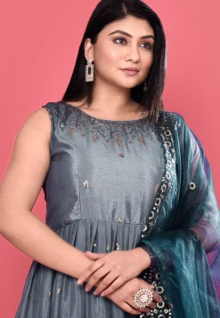 Embroidered Chinon Chiffon A Line Suit in Shaded Grey and Blue
