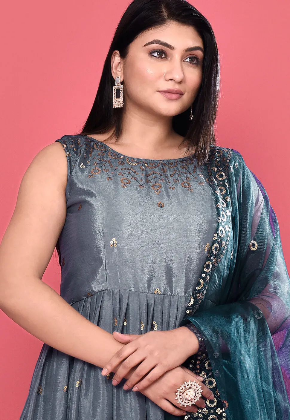 Embroidered Chinon Chiffon A Line Suit in Shaded Grey and Blue