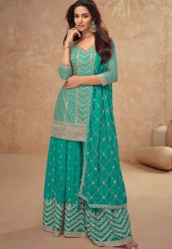 Embroidered Chinon Chiffon Pakistani Suit in Turquoise