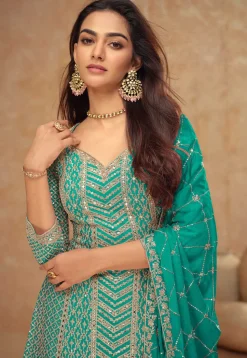 Embroidered Chinon Chiffon Pakistani Suit in Turquoise