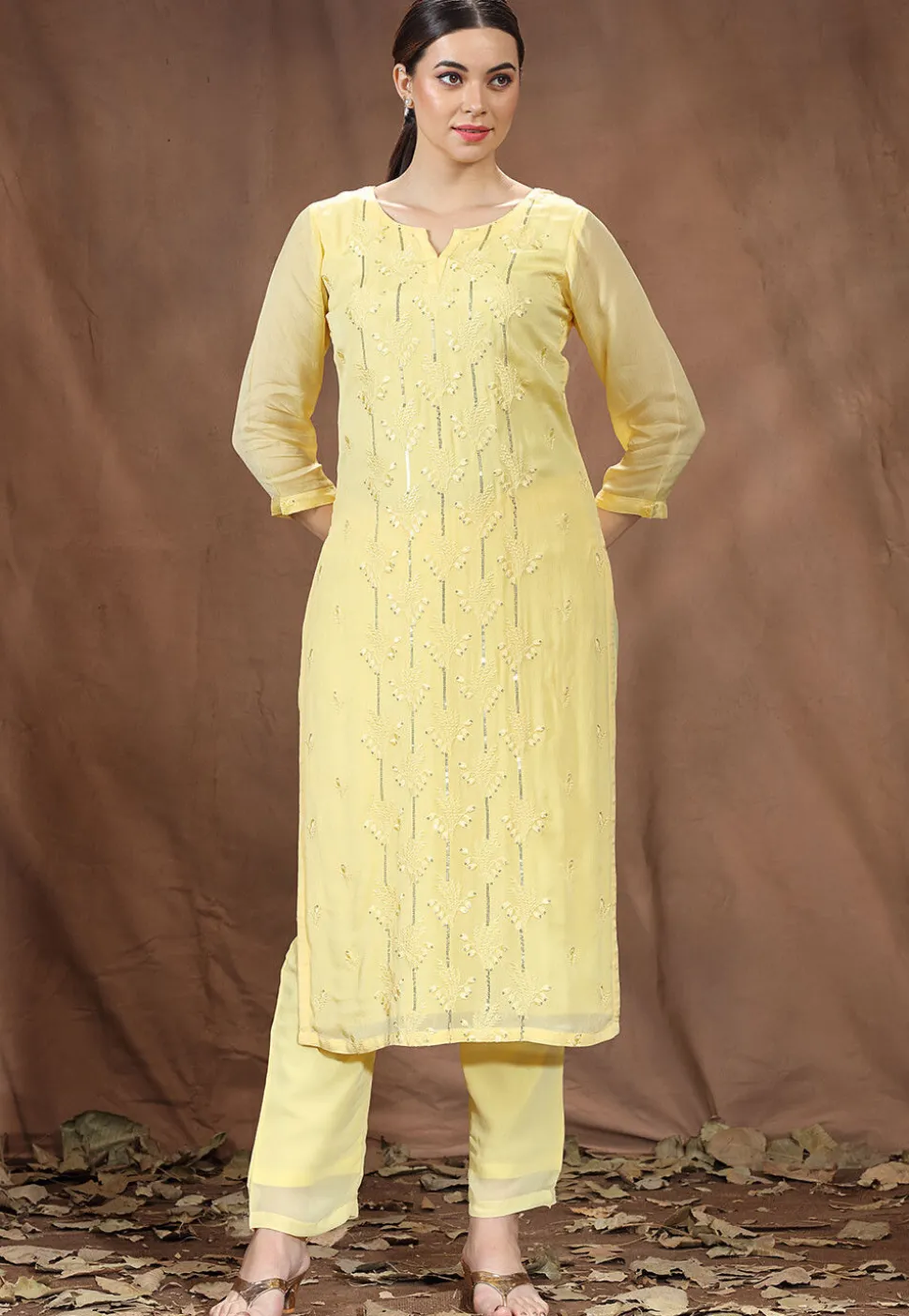 Embroidered Chinon Chiffon Straight Kurta in Yellow