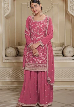 Embroidered Chinon Chiffon Pakistani Suit in Old Rose