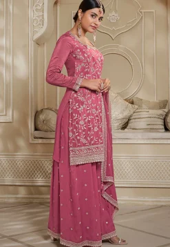 Embroidered Chinon Chiffon Pakistani Suit in Old Rose