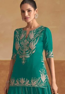 Embroidered Chinon Chiffon Kurti Set in Teal Green