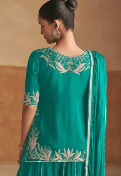 Embroidered Chinon Chiffon Kurti Set in Teal Green
