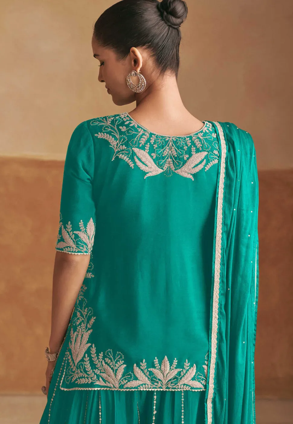 Embroidered Chinon Chiffon Kurti Set in Teal Green