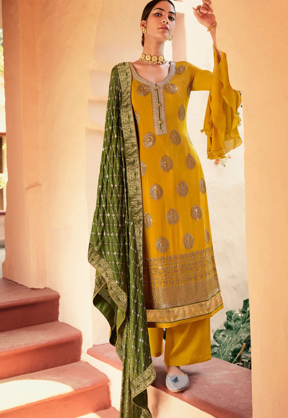 Embroidered Chinon Chiffon Pakistani Suit in Mustard