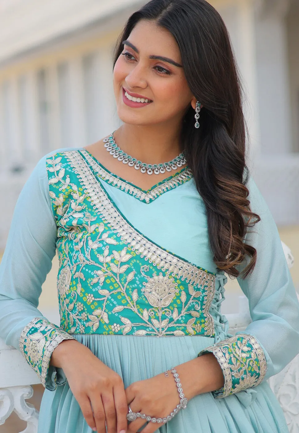 Embroidered Chinon Chiffon Gown in Light Blue