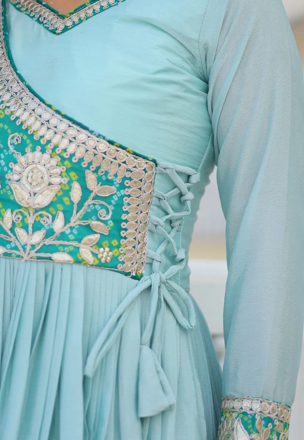 Embroidered Chinon Chiffon Gown in Light Blue