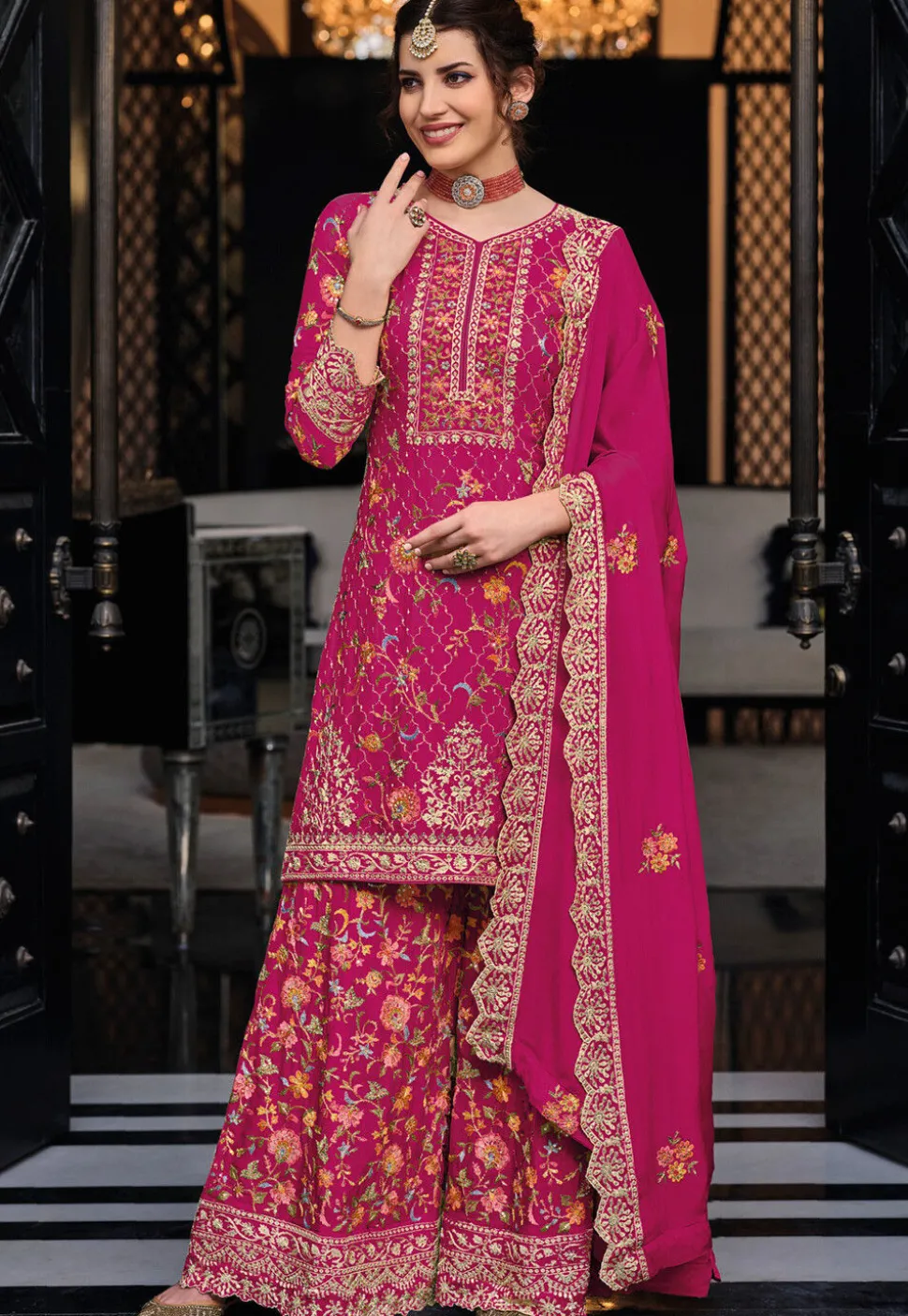 Embroidered Chinon Chiffon Pakistani Suit in Pink