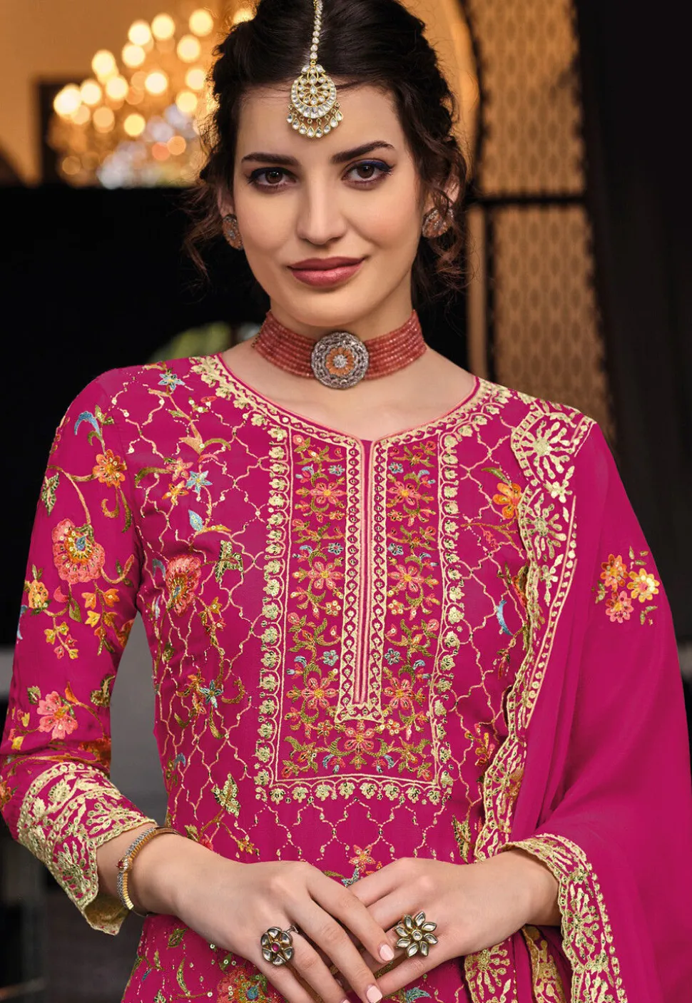 Embroidered Chinon Chiffon Pakistani Suit in Pink