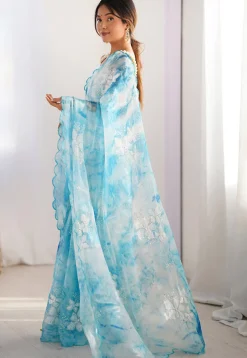 Embroidered Chinon Chiffon Scalloped Saree in Sky Blue