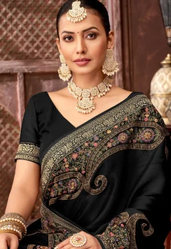 Embroidered Chinon Chiffon Saree in Black